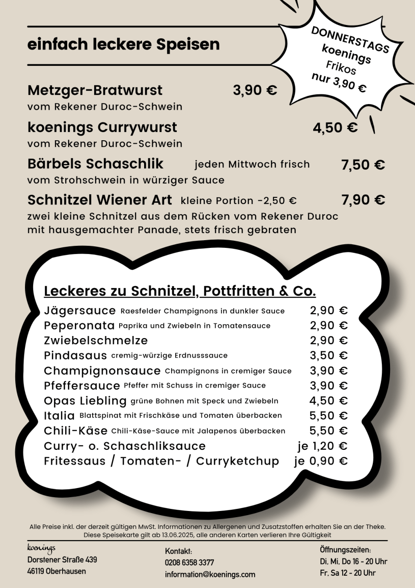 einfach leckere Speisen - Currywurst, Schaschlik, Schnitzel, Saucen